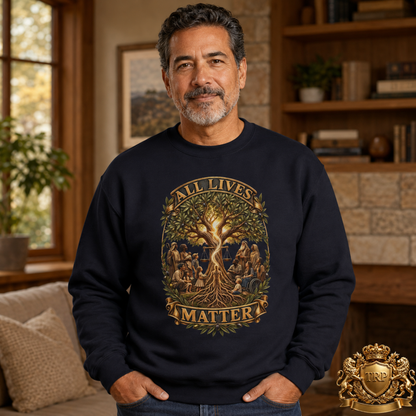 Front view of a unisex navy blue sweatshirt showcasing the All Lives Matter tree of life, balance scales, and unity banner.