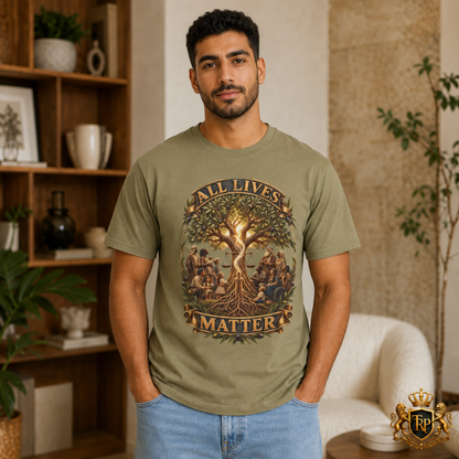 Man modeling faded army heavyweight t-shirt featuring All Lives Matter Tree of Life artwork on the front.