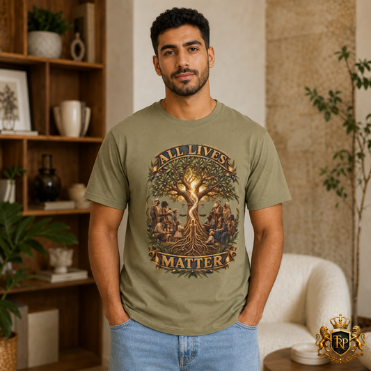 Man modeling faded army heavyweight t-shirt featuring All Lives Matter Tree of Life artwork on the front.