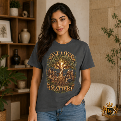 Woman wearing garment-dyed faded black t-shirt printed with Tree of Life All Lives Matter front graphic.