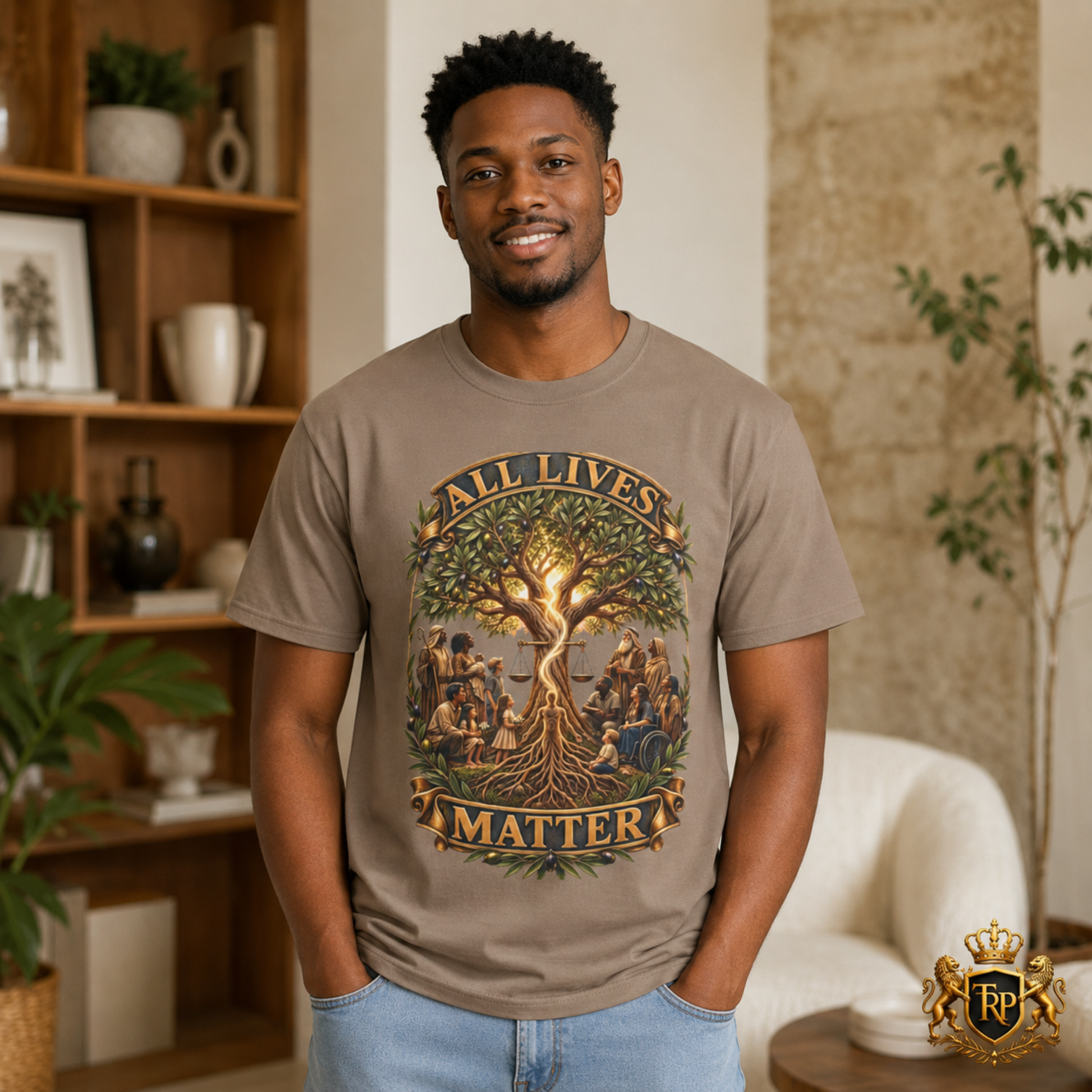 Man modeling faded brown garment-dyed t-shirt with All Lives Matter Tree of Life central illustration.