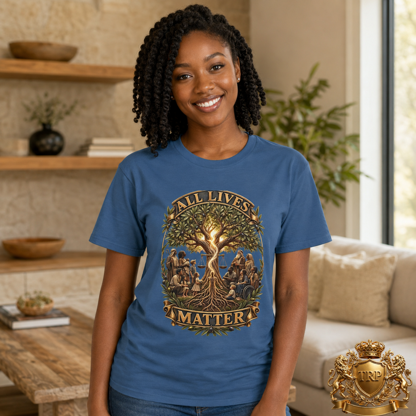 Woman smiling in a faded navy heavyweight t-shirt featuring the All Lives Matter Tree of Life front artwork.
