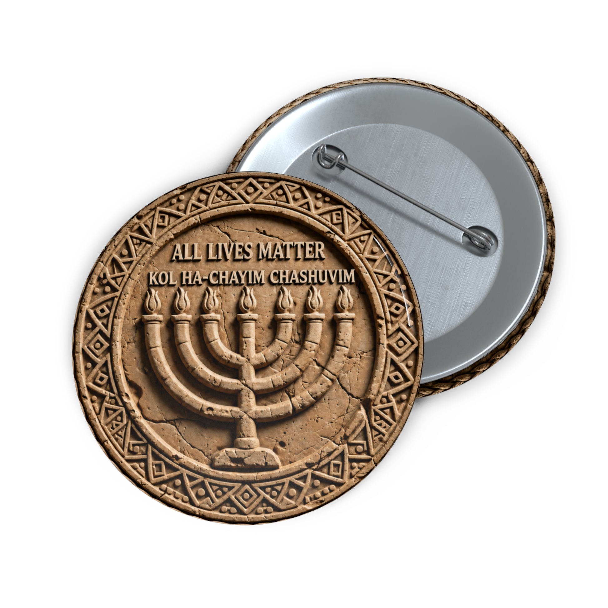Angled front and back mockup of the medium stone-texture menorah button badge showing the textured front face and silver pin clasp.