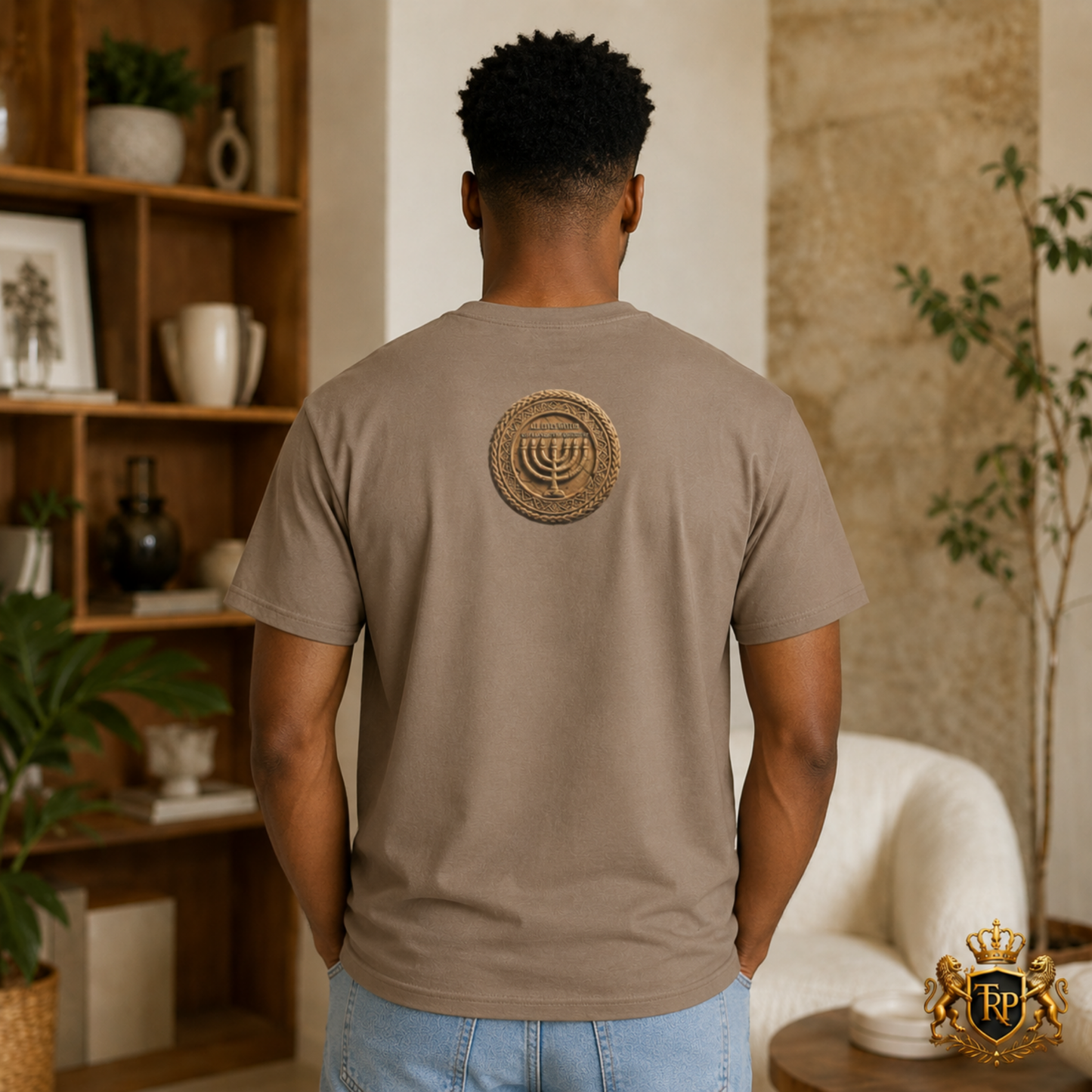 Back view of faded army t-shirt mockup showing the circular Menorah Sevenfold Light emblem.