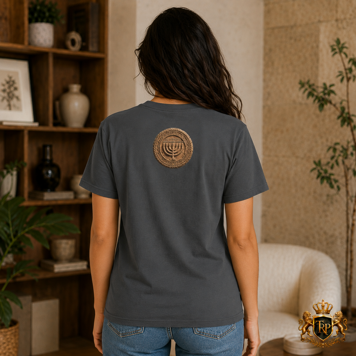 Back view of faded black t-shirt mockup showcasing the Sevenfold Light Menorah design on upper back.