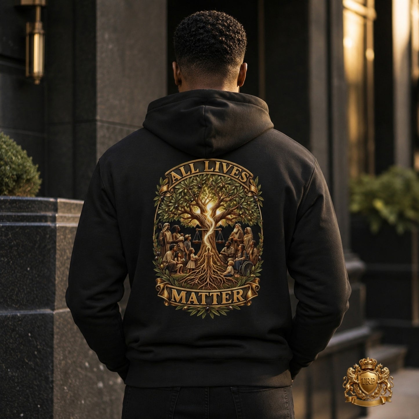 Back view of the black hoodie showcasing the All Lives Matter Tree of Life illustration.