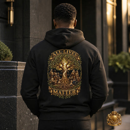 Back view of the black hoodie showcasing the All Lives Matter Tree of Life illustration.