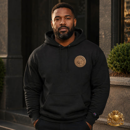 Front view of a man wearing the black All Lives Matter hoodie with the chest emblem