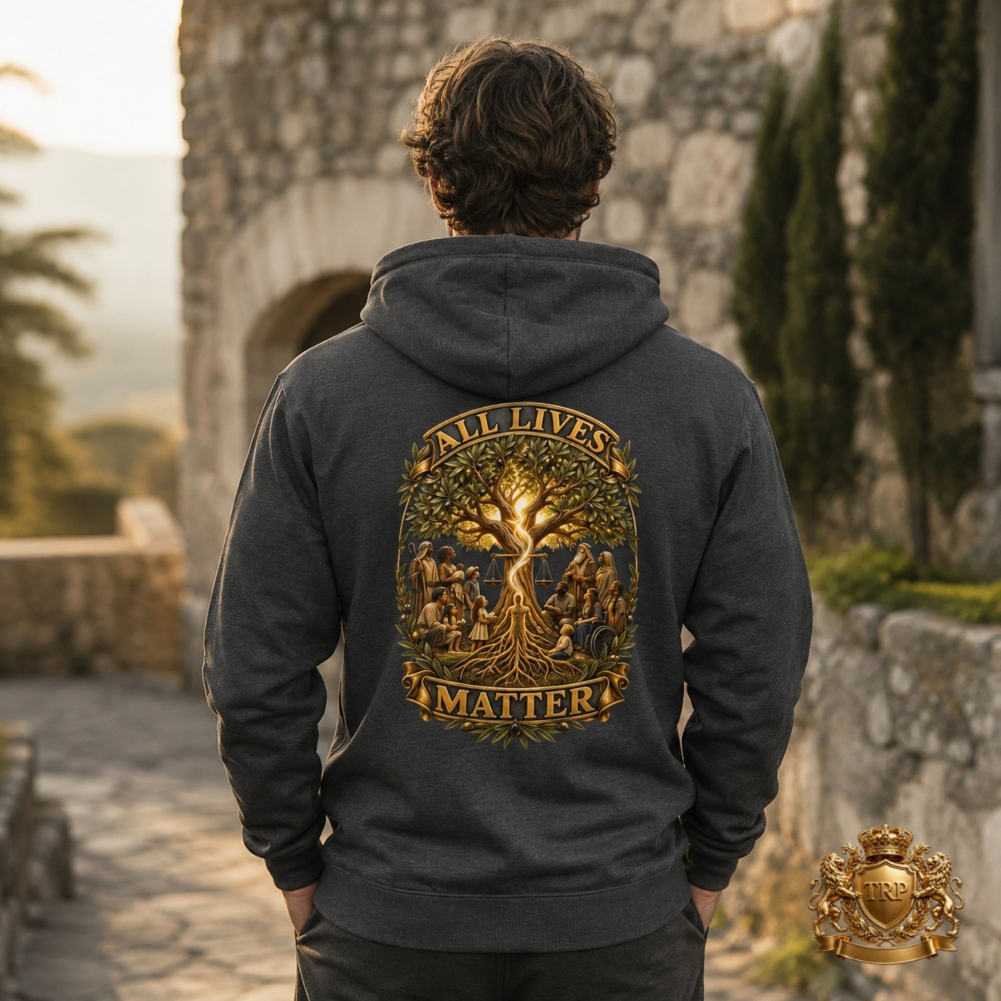 Back view of the dark grey hoodie featuring the All Lives Matter Tree of Life graphic