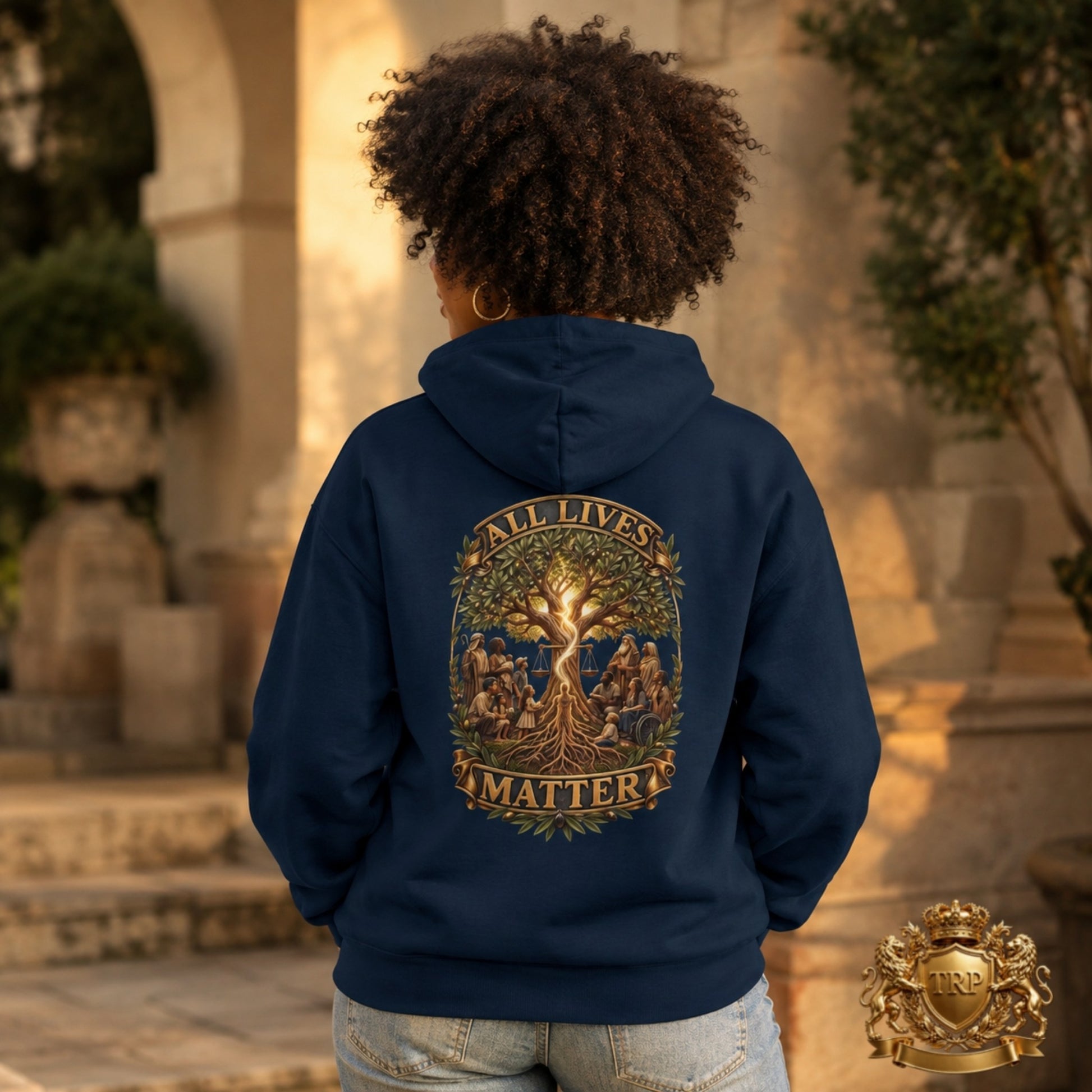 Back view of the navy blue cotton-blend hoodie displaying the All Lives Matter artwork