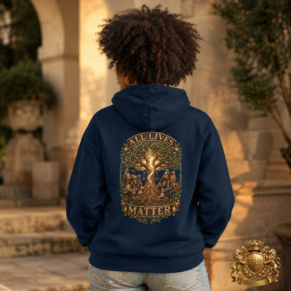 Back view of the navy blue cotton-blend hoodie displaying the All Lives Matter artwork