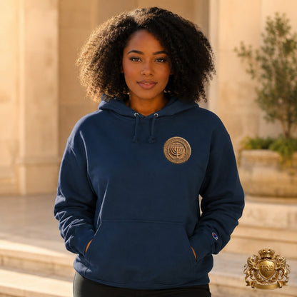 Woman wearing the navy blue All Lives Matter hoodie with the circular chest emblem.