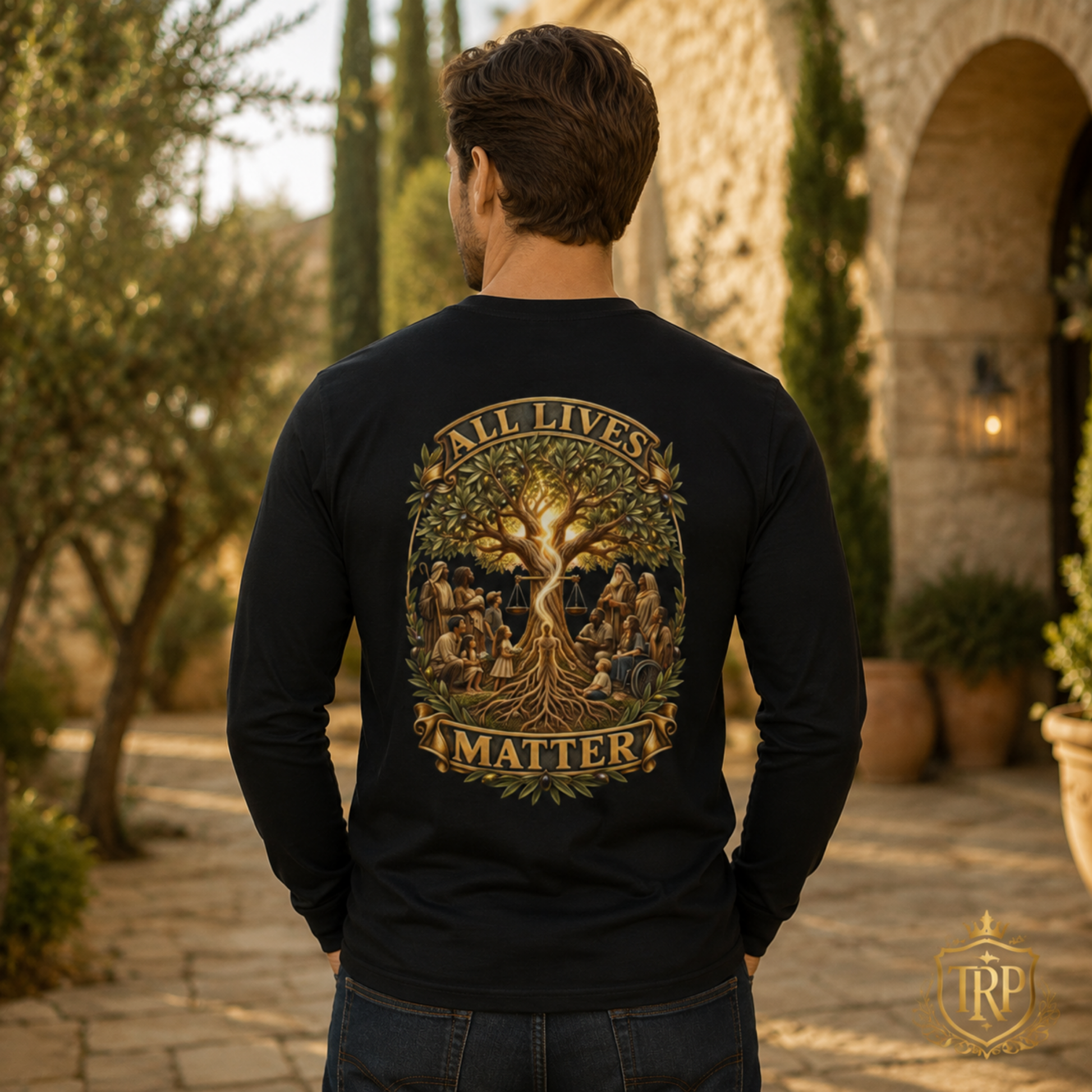 Back view of a man wearing a black long-sleeve tee featuring a detailed Tree of Life graphic with the text "All Lives Matter" and human figures.