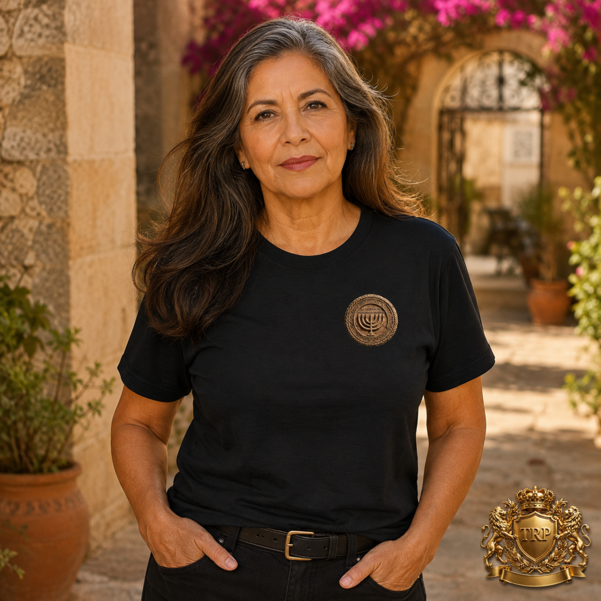 Front view of a woman wearing the classic black All Lives Matter unisex cotton t-shirt with a gold menorah chest emblem.