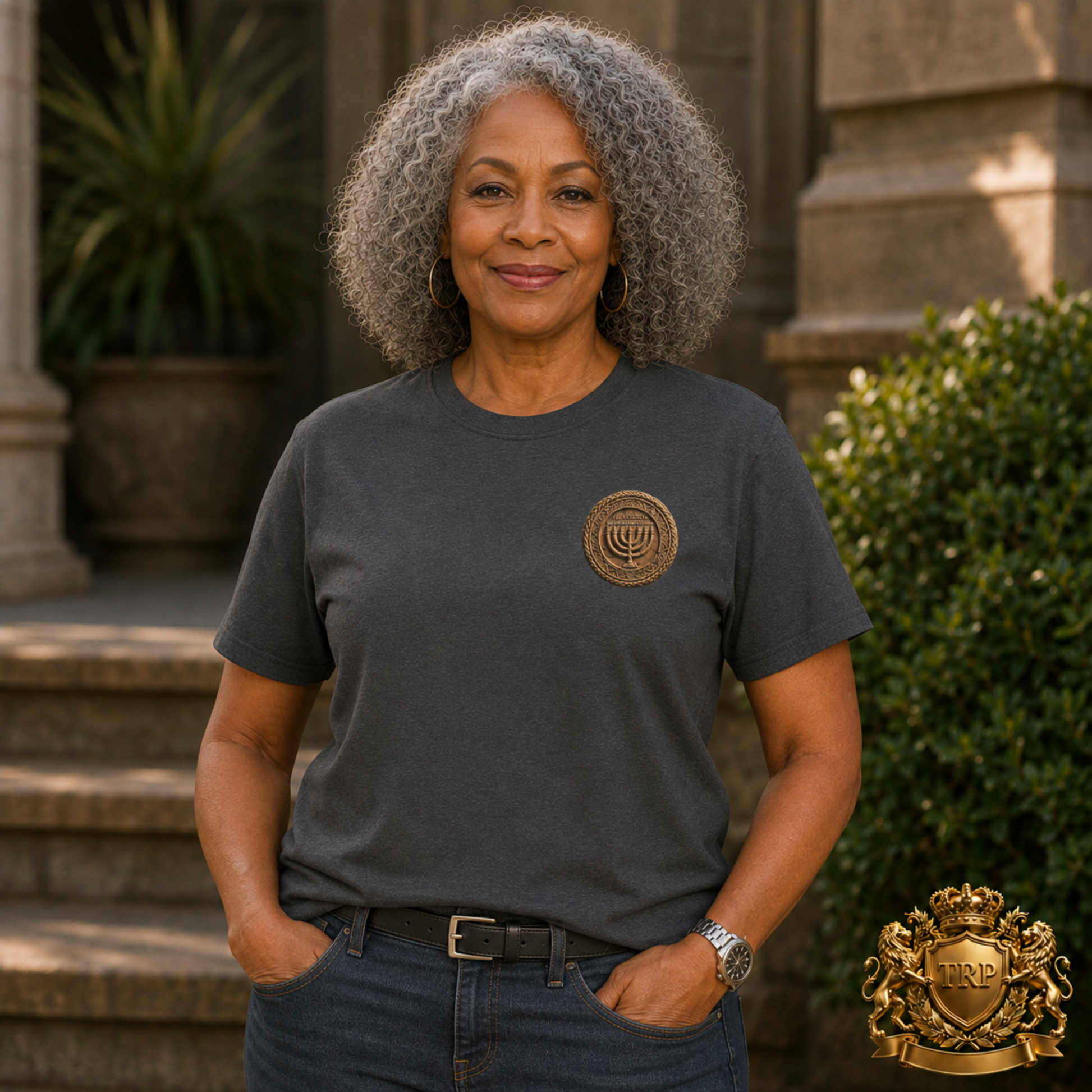 Front view of a woman wearing the charcoal heather grey All Lives Matter t-shirt with a menorah crest on the chest.