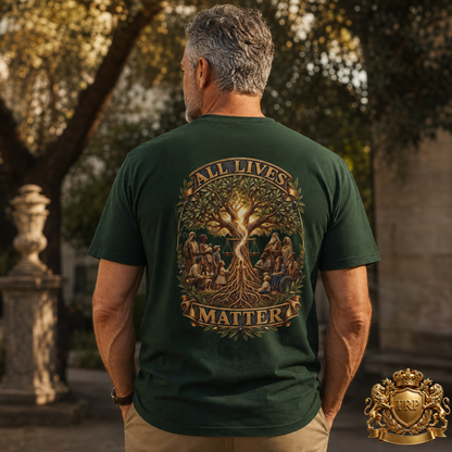 Back view of a man wearing the forest green t-shirt featuring the All Lives Matter tree of life and justice scale art.