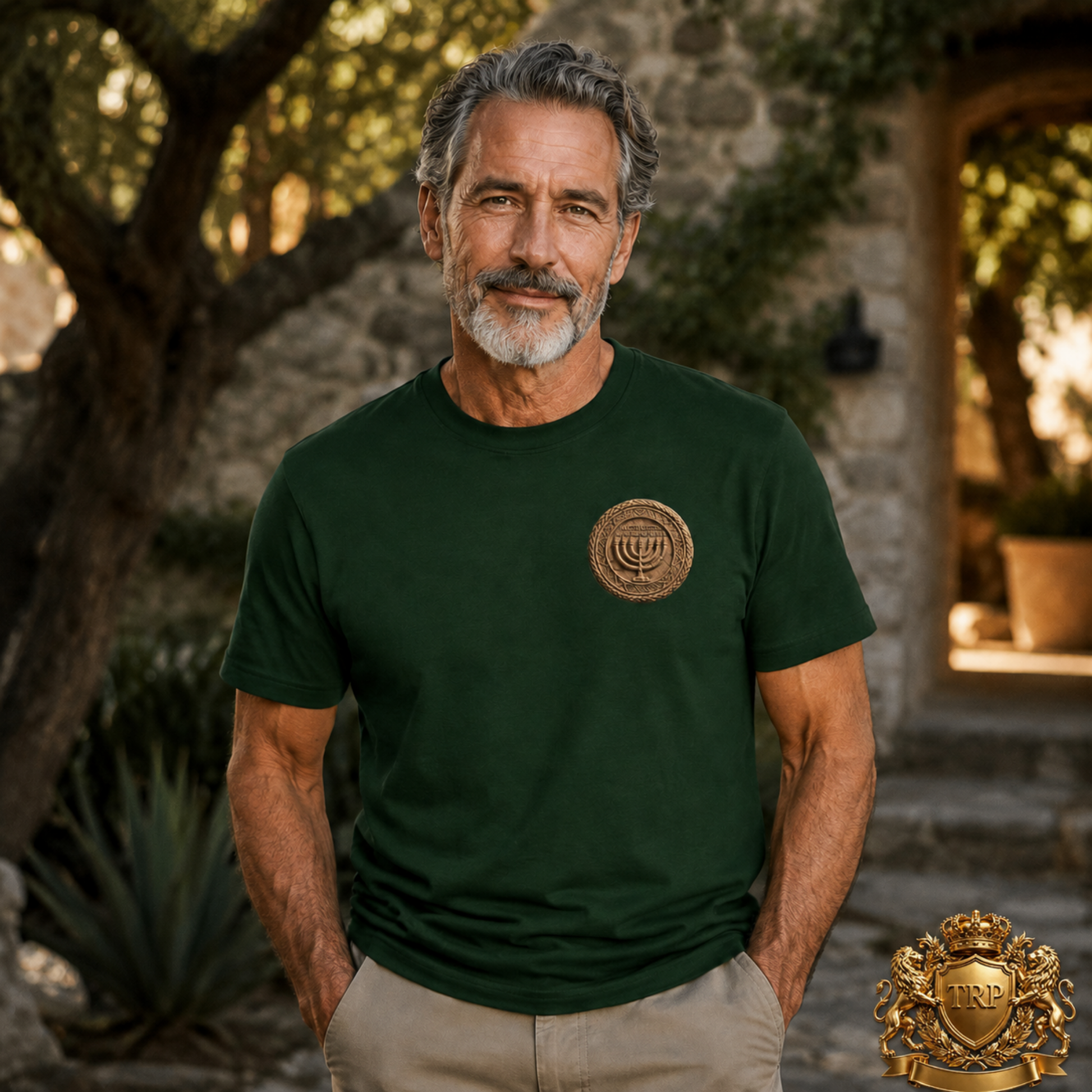 Front view of a man wearing the forest green All Lives Matter unisex cotton t-shirt with a chest menorah emblem.