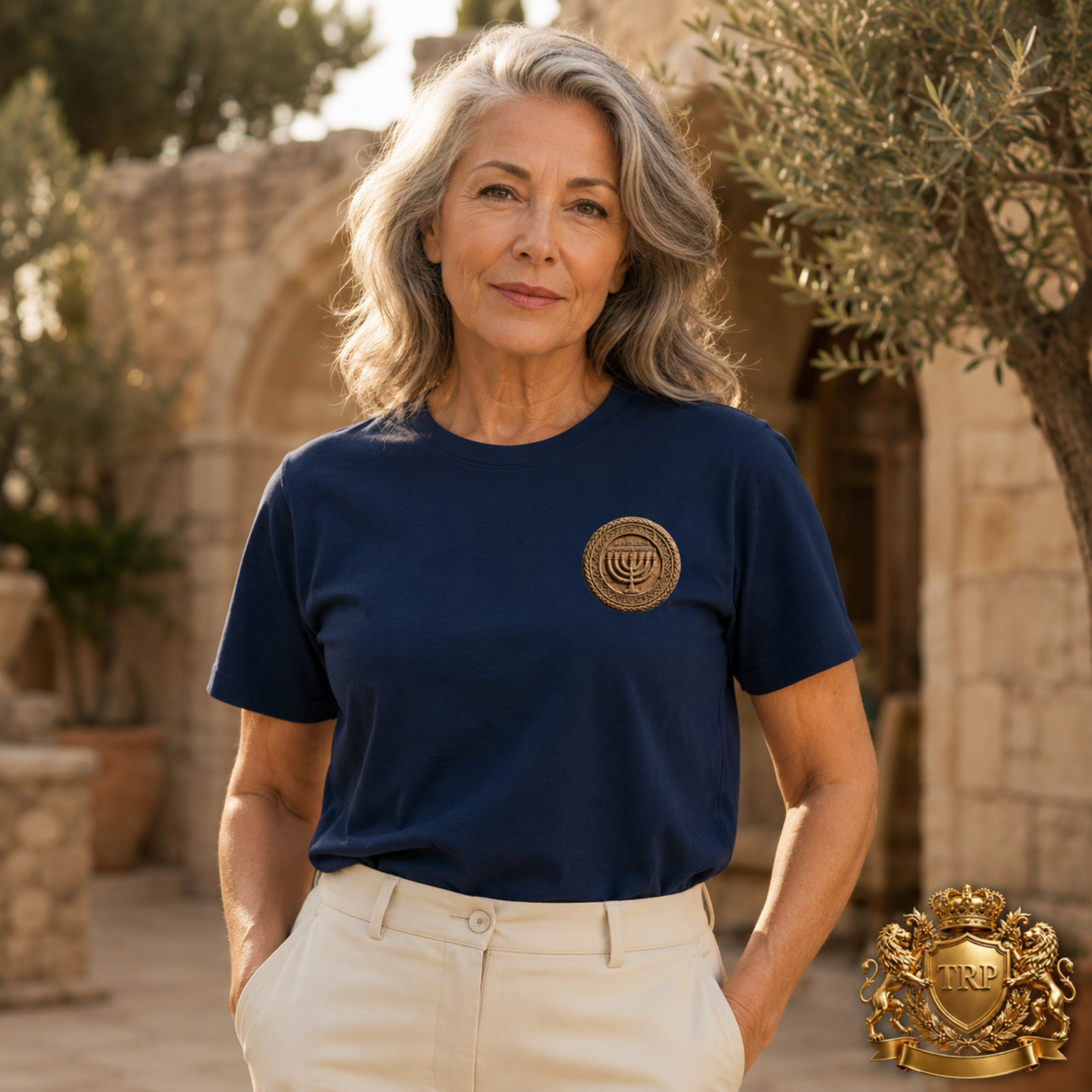 Front view of a woman wearing the navy blue All Lives Matter unisex cotton t-shirt with a chest menorah emblem.