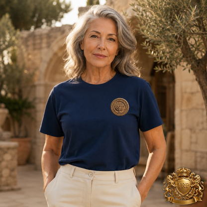 Front view of a woman wearing the navy blue All Lives Matter unisex cotton t-shirt with a chest menorah emblem.