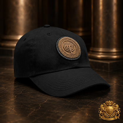 Angled side view of the black dad cap with the detailed Sevenfold Light round leather patch.