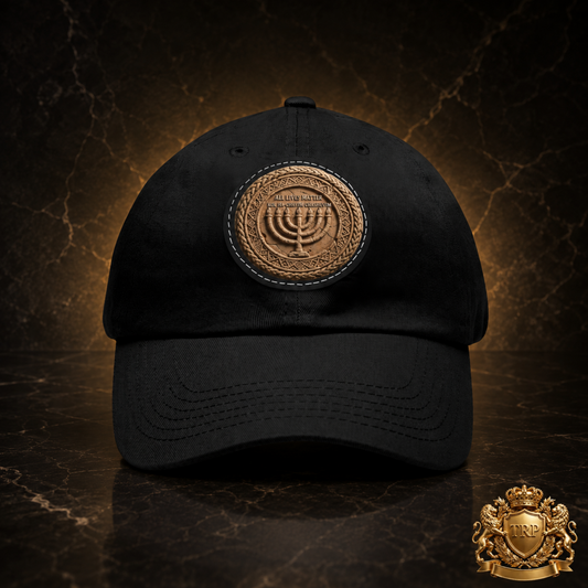 Front view of a black dad cap featuring a round leather patch with an engraved menorah and Hebrew-inspired design.