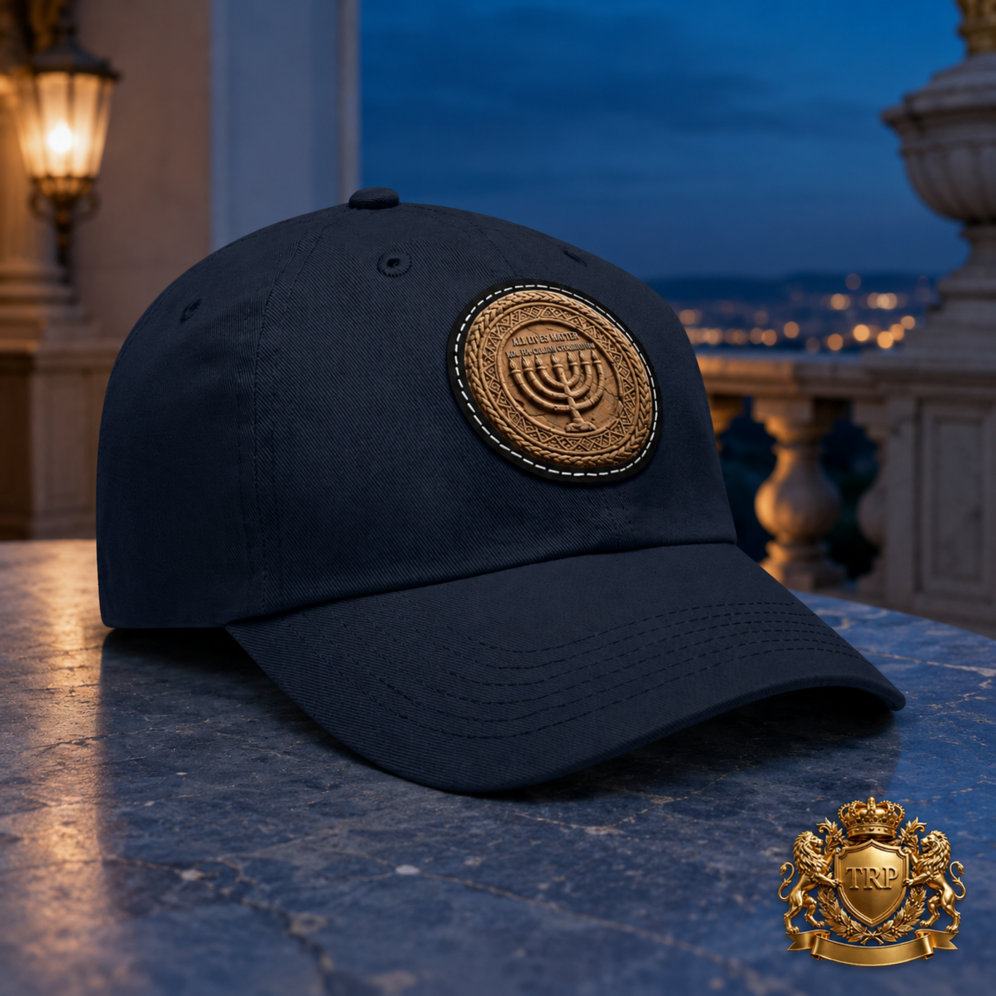Angled view of the navy dad cap with the Sevenfold Light leather patch against a city evening background.