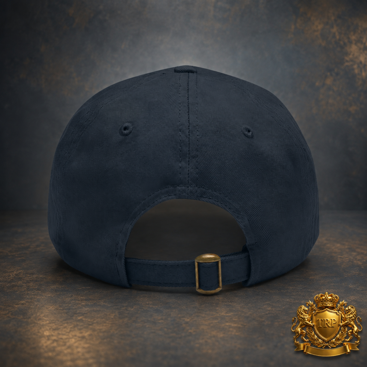 Back view of the navy blue dad cap highlighting the adjustable strap with brass buckle closure.