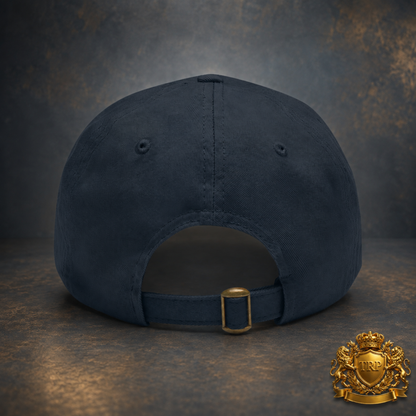 Back view of the navy blue dad cap highlighting the adjustable strap with brass buckle closure.