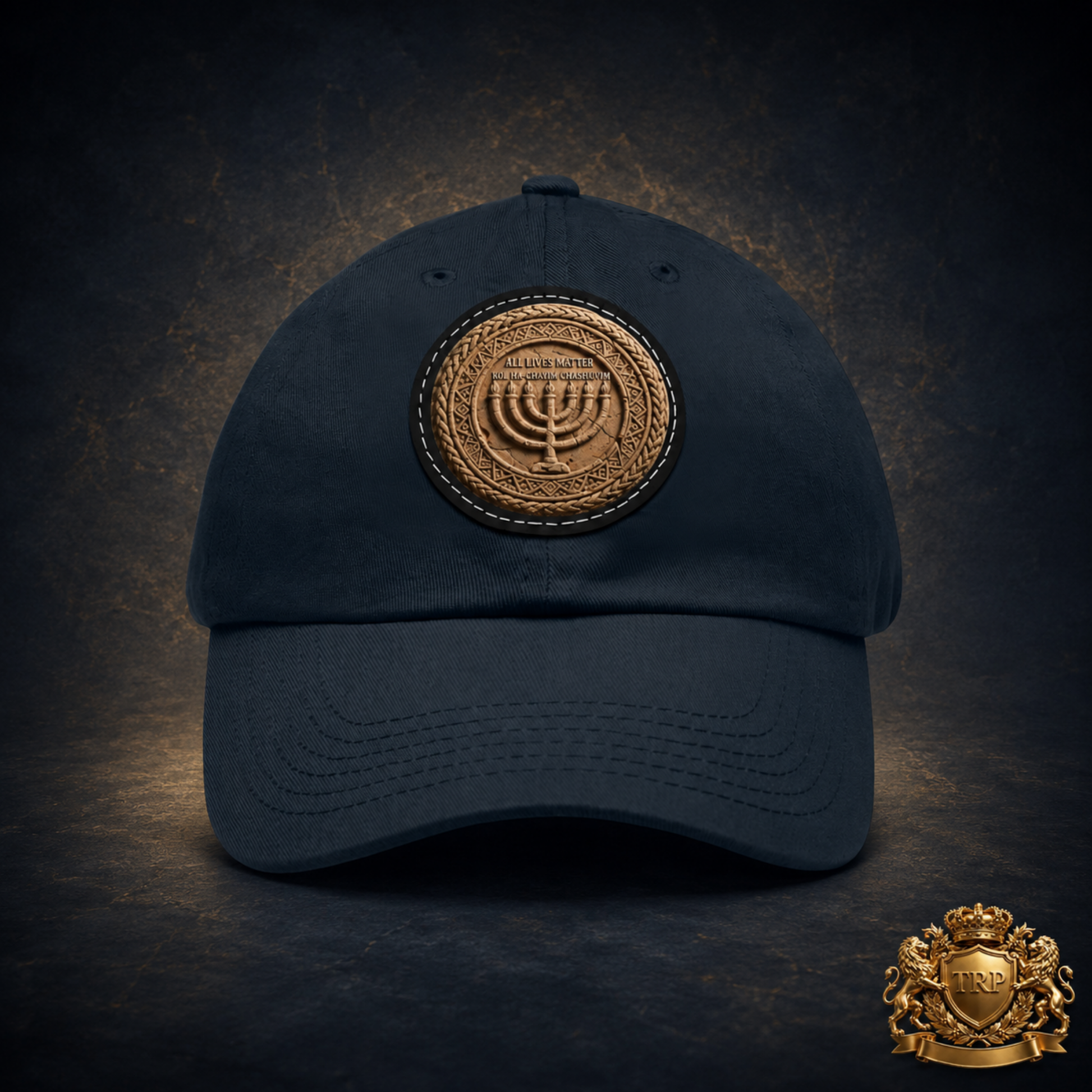 Front view of the navy blue dad cap featuring the circular menorah leather patch on a dark backdrop.
