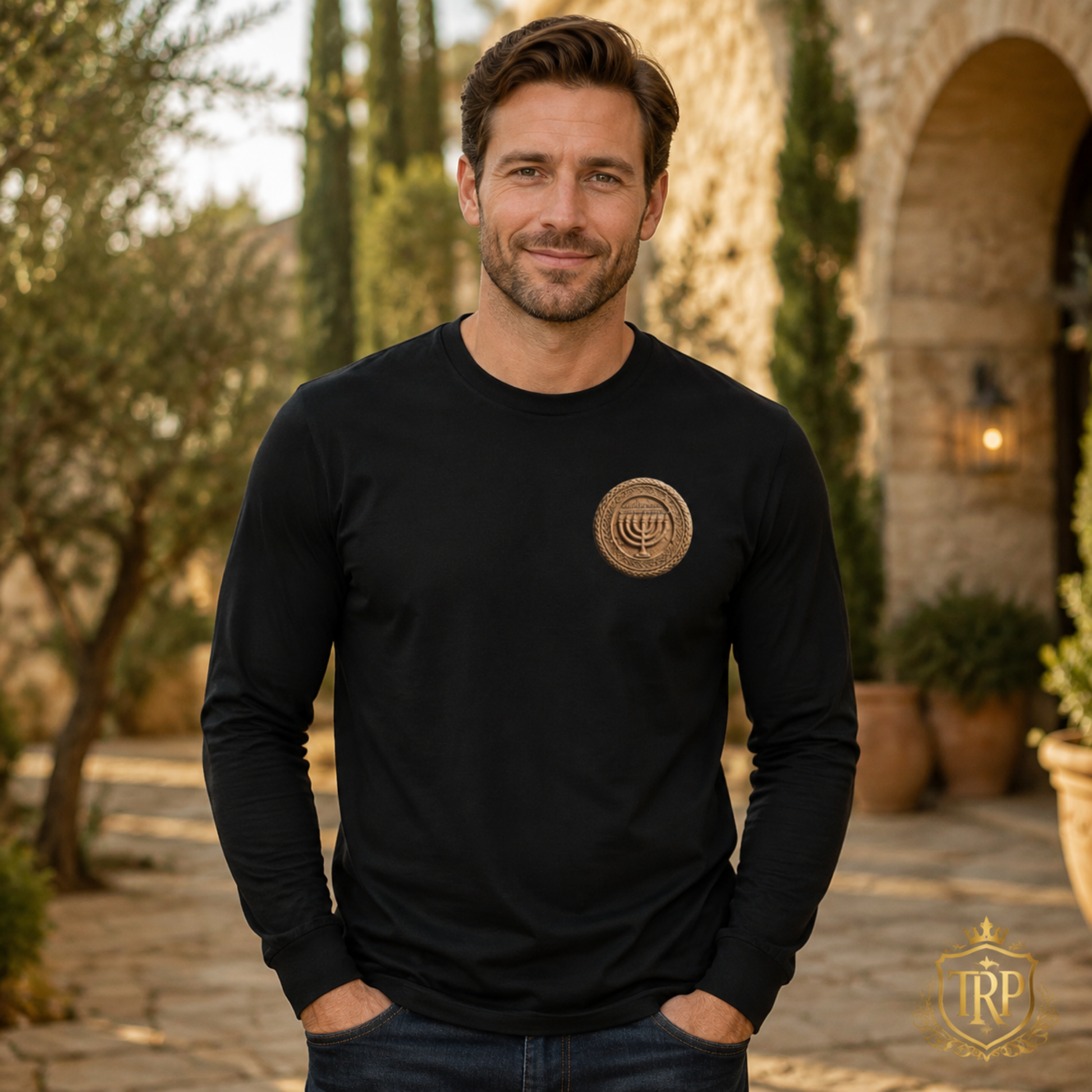 Man outdoors wearing a black heavyweight long-sleeve t-shirt with a round, bronze-style Menorah emblem printed on the left chest.