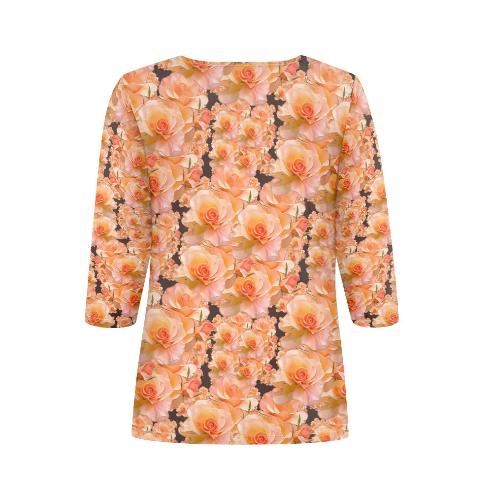 Floral Embosses (03-02): Apricot Bloom Essential | Contrast Three Quarter Sleeve Henley Tunic