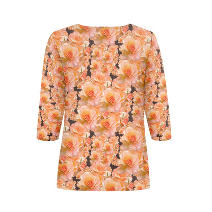 Floral Embosses (03-02): Apricot Bloom Essential | Contrast Three Quarter Sleeve Henley Tunic