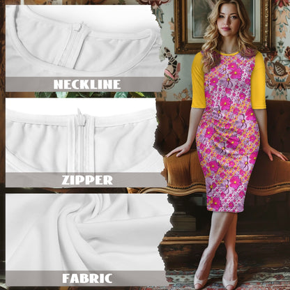 TRP Floral Prints (05): Classic Garden Cosmos (01) | Three-Quarter-Sleeve Ruched Midi Dress