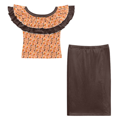 Floral Embosses (03-02): Apricot Bloom Essential | Two Tone Off Shoulder Ruffle Maxi Dress
