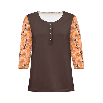 Floral Embosses (03-02): Apricot Bloom Essential | Contrast Three Quarter Sleeve Henley Tunic