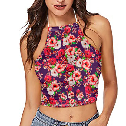 TRP Floral Prints (03): Hibiscus Flowers (01-01) "Argaman Vines" | Backless Halter Crop Top