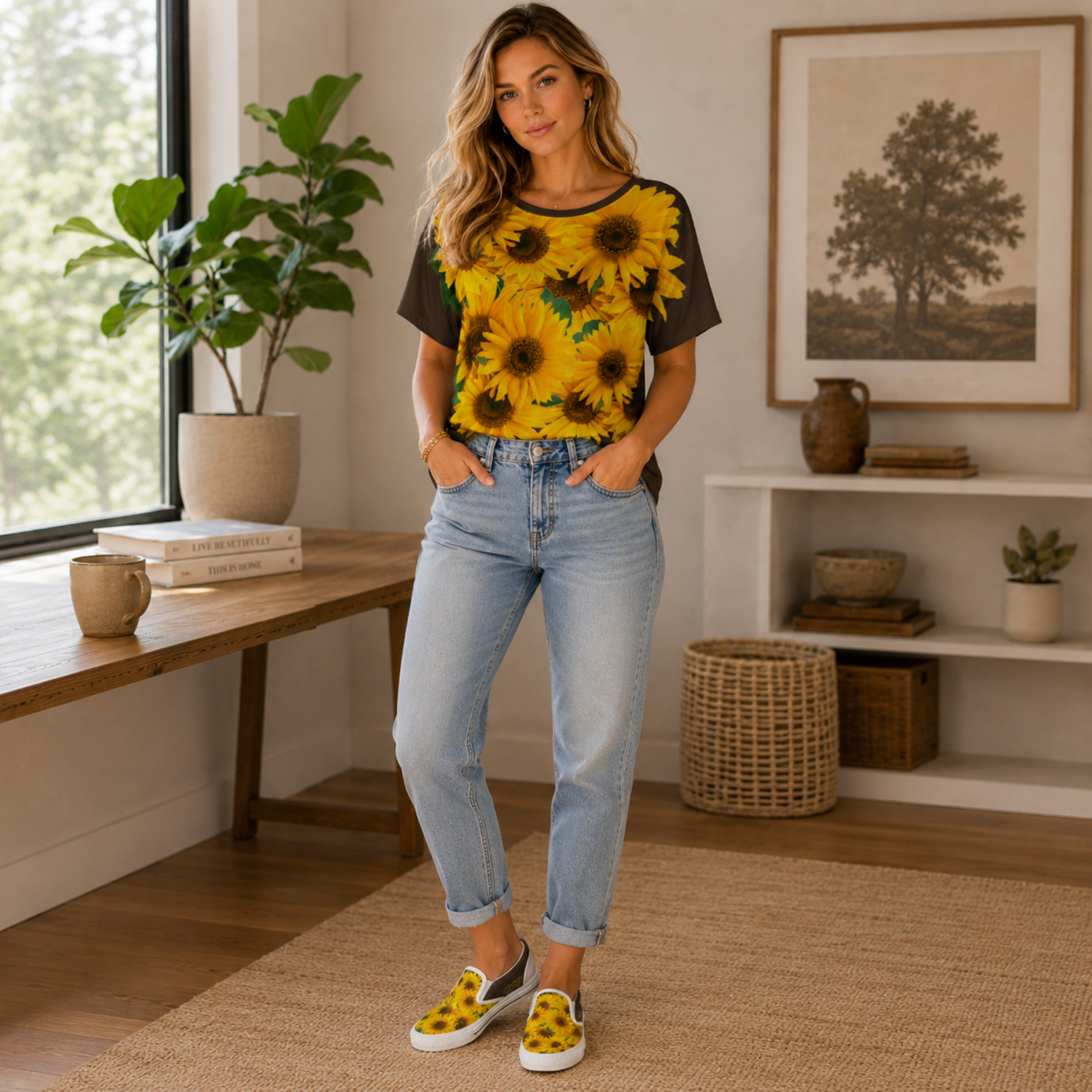 A woman standing in a bright room wearing a matching bistre-accented sunflower print t-shirt and TRP Sunflowers in Symmetry women's slip-on canvas shoes.