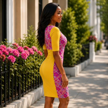 TRP Floral Prints (05): Classic Garden Cosmos (01) | Three-Quarter-Sleeve Ruched Midi Dress