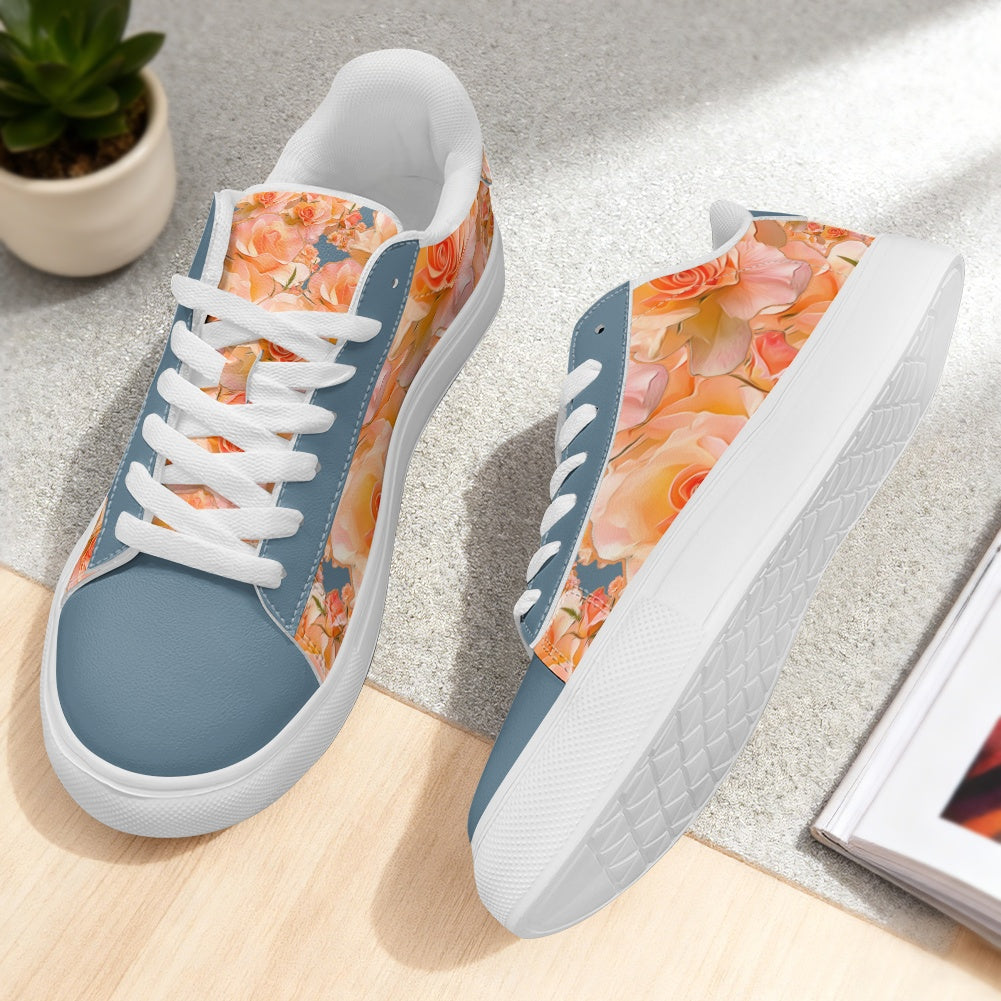 Floral Embosses (03-01): Apricot Bloom Essential | Women's Low Top PU Leather Sneakers