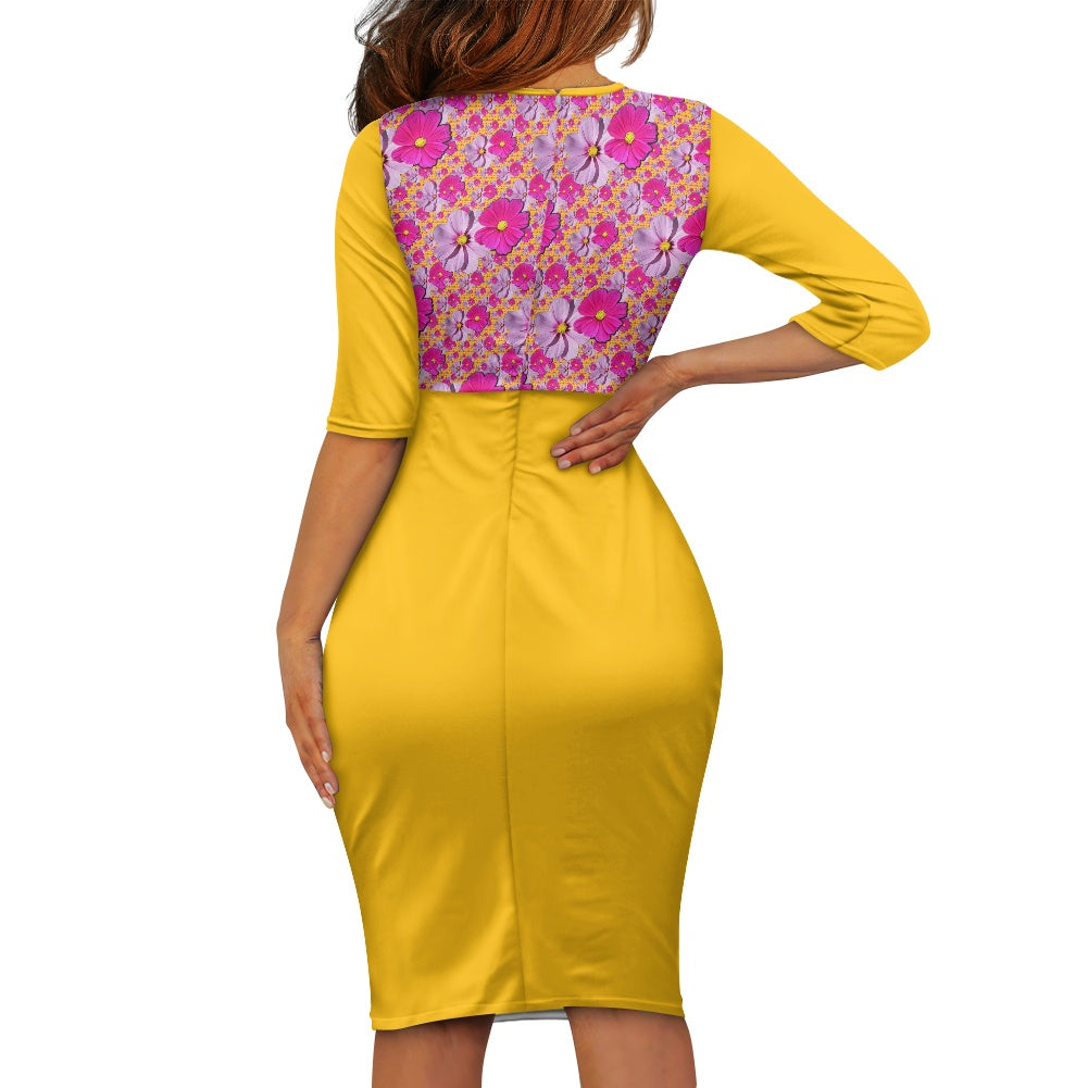 TRP Floral Prints (05): Classic Garden Cosmos (01) | Three-Quarter-Sleeve Ruched Midi Dress