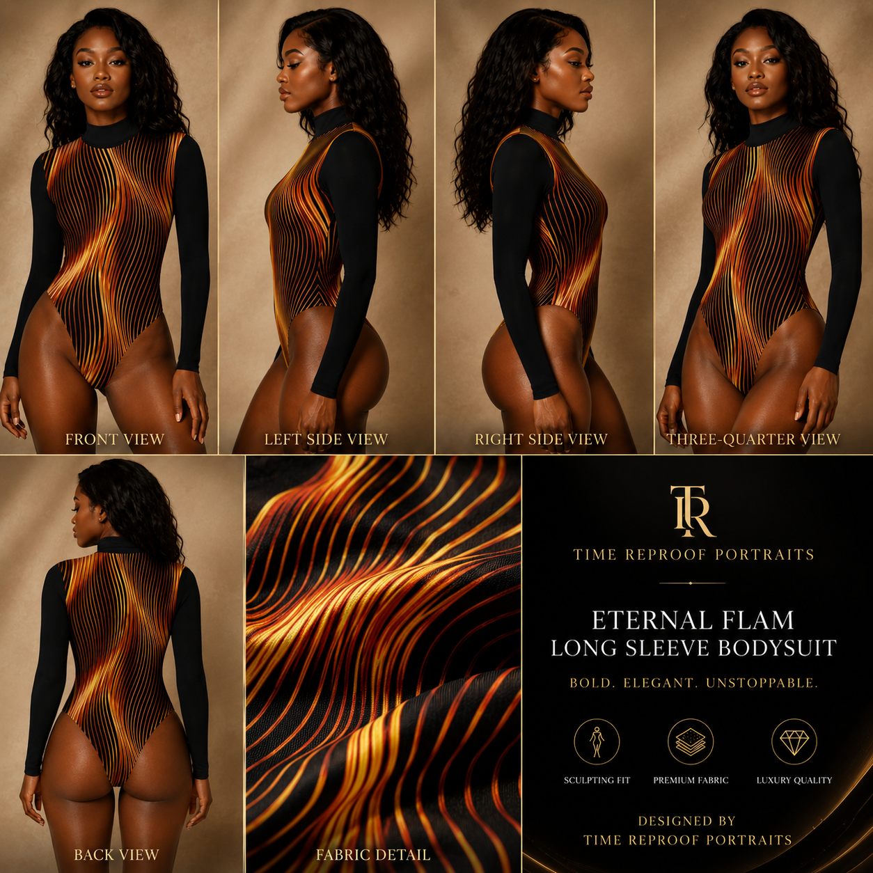 Infographic collage for TimeReproofPortraits showing front, back, side, and fabric detail views of the Eternal Flame bodysuit with product features.