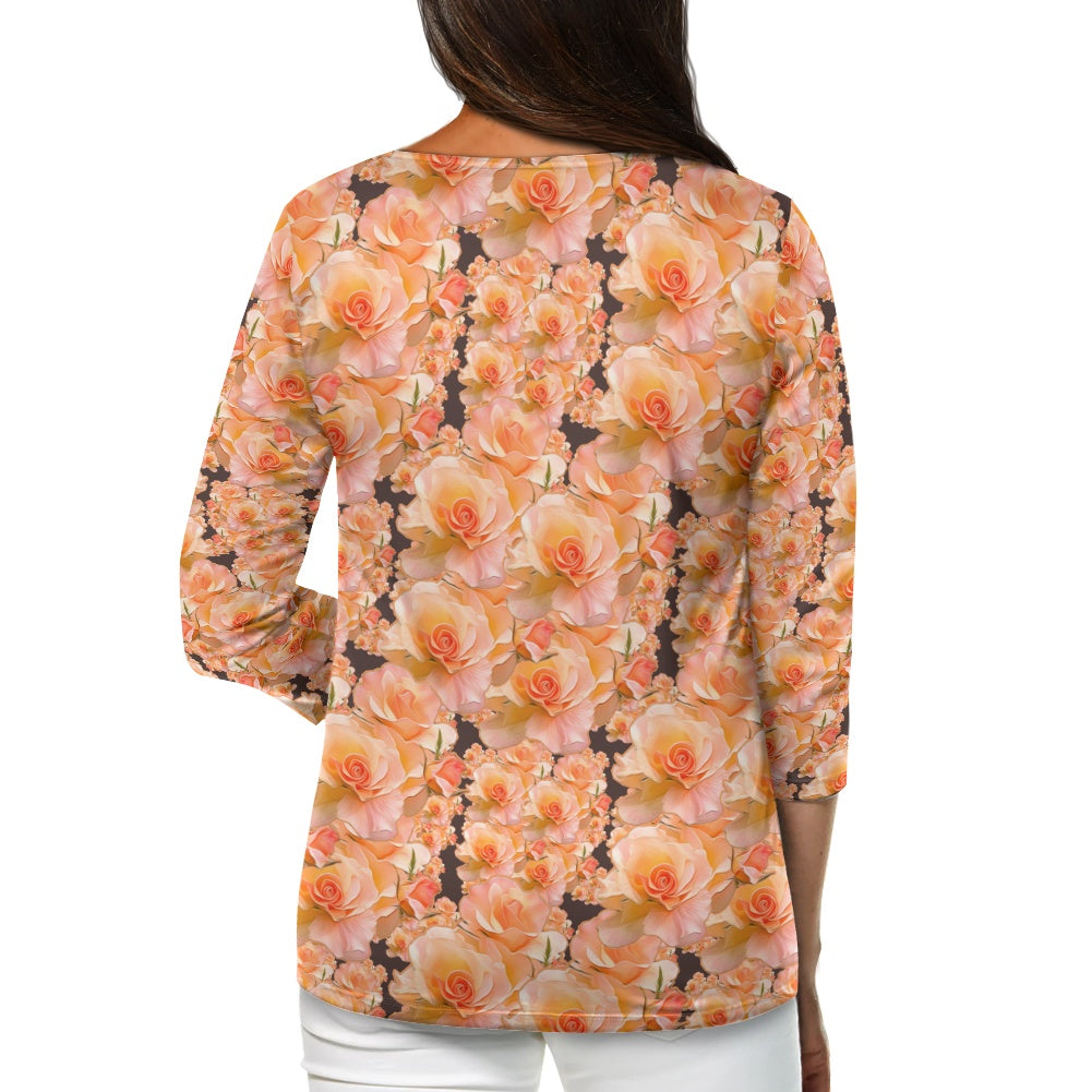 Floral Embosses (03-02): Apricot Bloom Essential | Contrast Three Quarter Sleeve Henley Tunic