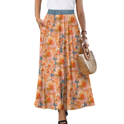Floral Embosses (03-01): Apricot Bloom Essential | Double Pocket A-line Maxi Skirt