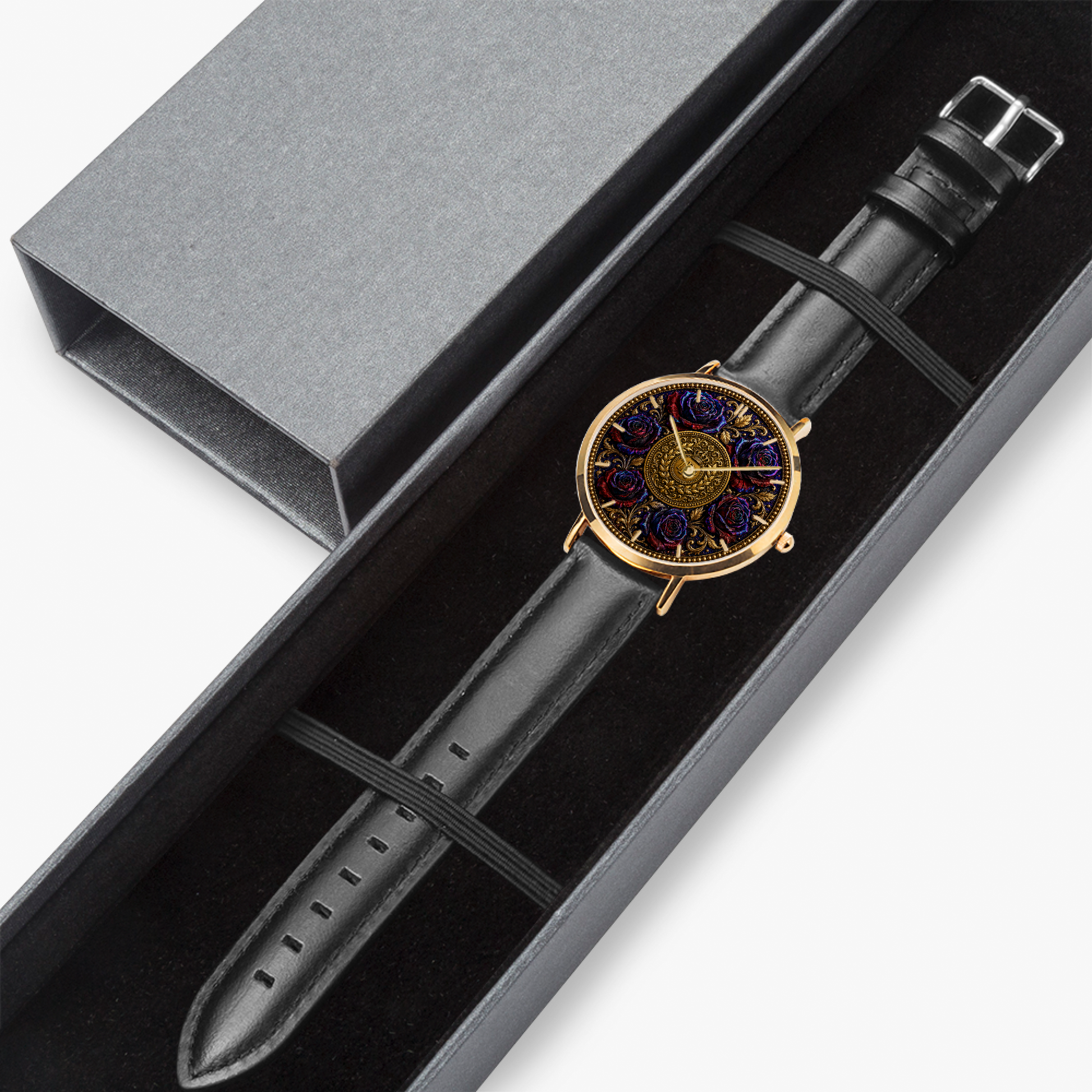 The Rose Gold Floral Embosses (01) watch with a black leather strap displayed inside an open, elegant black gift presentation box.