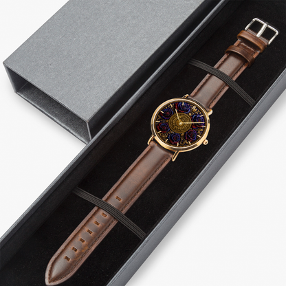 The Floral Embosses (01) watch with a brown leather strap elegantly secured inside its premium textured black presentation gift box.