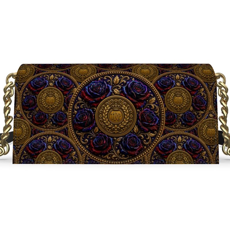 Front view of the foldover evening bag in smooth Nappa leather, featuring an intricate gold medallion and purple rose pattern with gold chain straps.