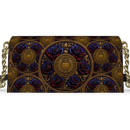 Front view of the foldover evening bag in smooth Nappa leather, featuring an intricate gold medallion and purple rose pattern with gold chain straps.