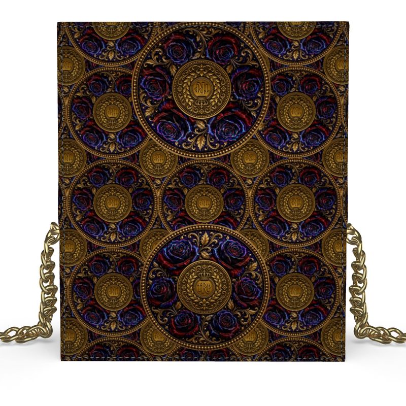 A full vertical view of the continuous Imperial Repeat design on the foldover evening bag, showcasing the ornate gold medallions and rich roses.