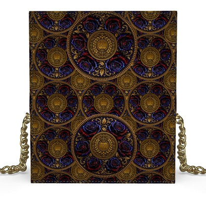 A full vertical view of the continuous Imperial Repeat design on the foldover evening bag, showcasing the ornate gold medallions and rich roses.