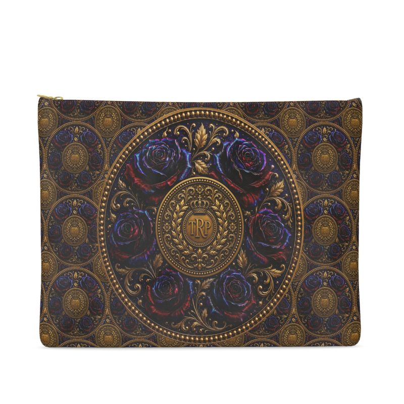Front view of the Smooth Nappa Leather Clutch Bag featuring a large central gold medallion, TRP monogram, and dark metallic embossed roses.